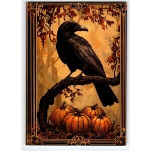 Vintage Halloween Postcard with Raven and Pumpkins - Photochrome 5.5x4